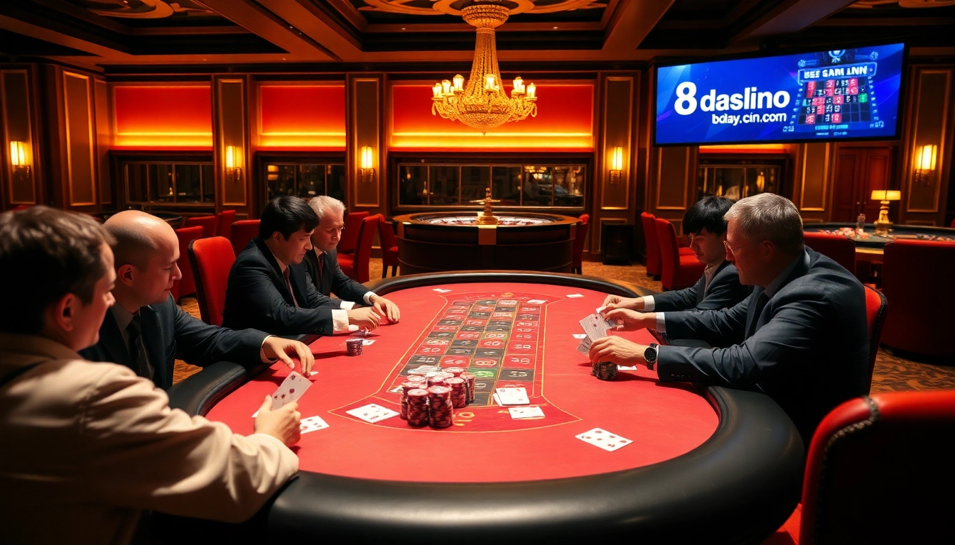 Excited players enjoying poker at 8day.cn.com casino table with vibrant chips and cards.