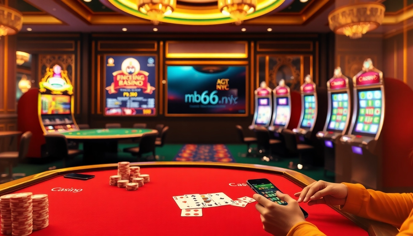 Excited players engaging in online gambling at mb66.nyc with vibrant casino visuals.