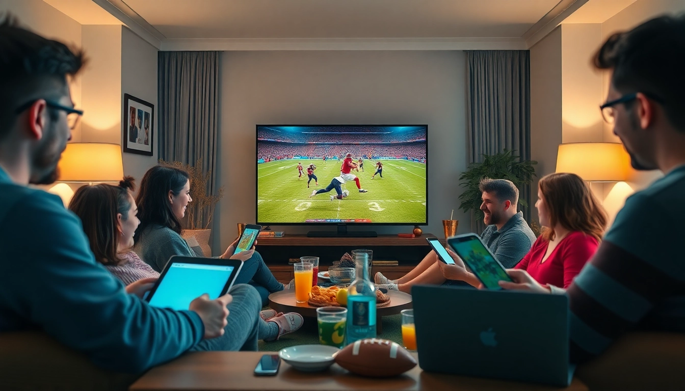 Fans enjoying a vibrant football match streaming experience at joemadfan.com with devices and cozy ambiance.