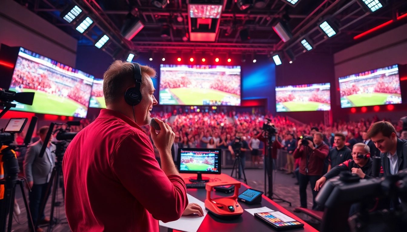 Dynamic sports broadcasting setup featuring a commentator and multiple screens displaying live events.